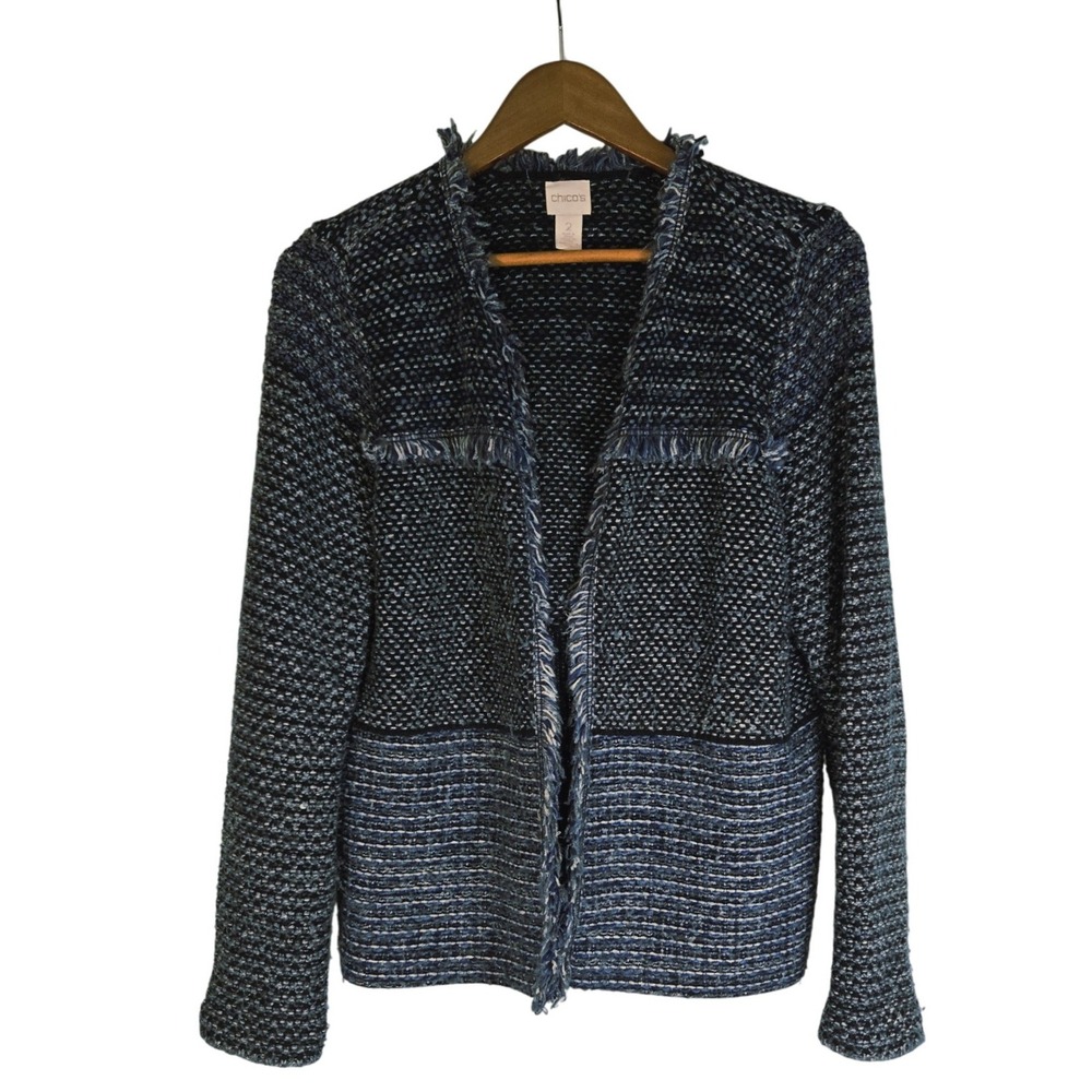 Chicos Blue Fringe Open Front Cardigan Jacket Blazer Size 12 Career - Picture 3 of 8